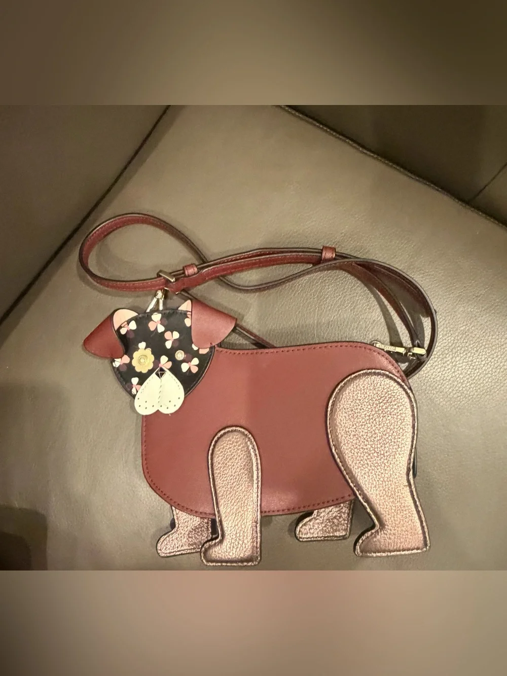 kate spade new york Floral Pup Cherrywood‎ Zip LeatherCrossbody Bag Purse